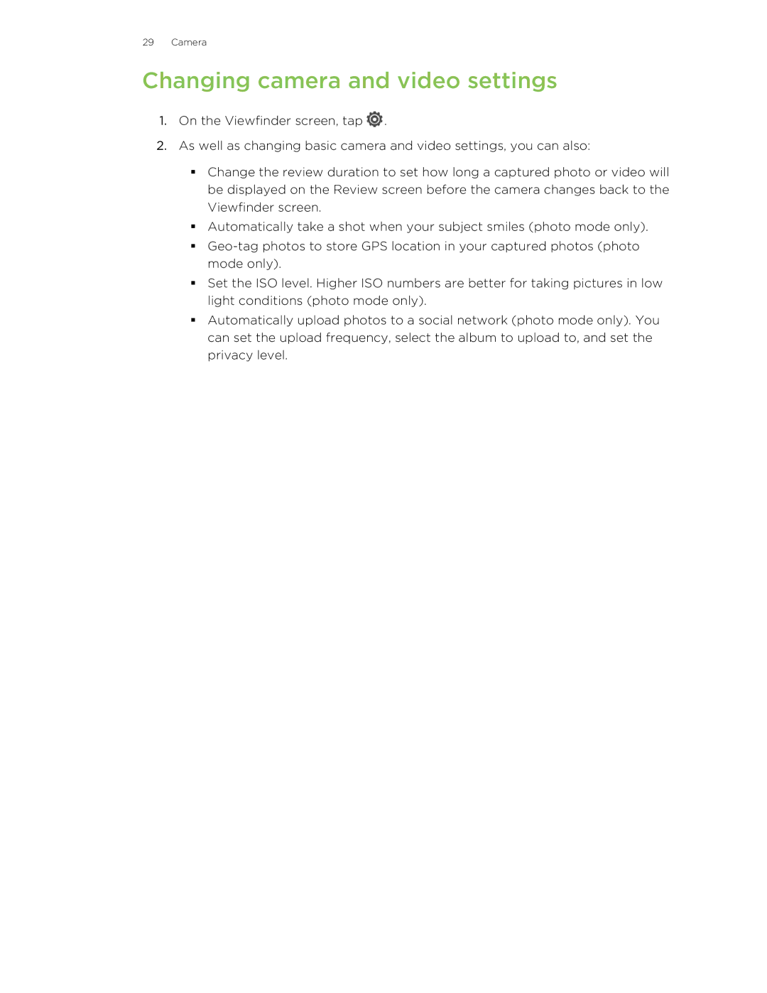 HTC ONESTMB manual Changing camera and video settings 