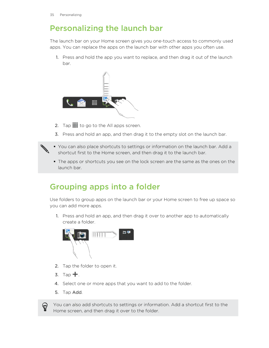 HTC ONESTMB manual Personalizing the launch bar, Grouping apps into a folder 