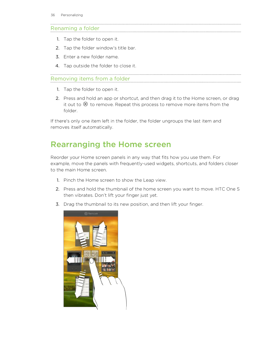 HTC ONESTMB manual Rearranging the Home screen, Renaming a folder, Removing items from a folder 