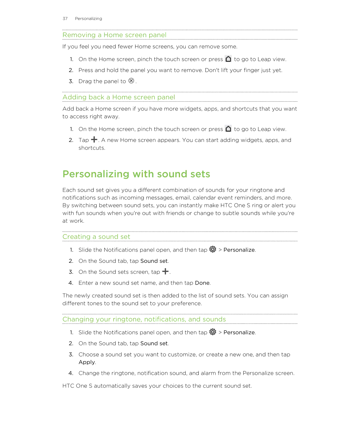 HTC ONESTMB manual Personalizing with sound sets, Removing a Home screen panel, Adding back a Home screen panel 