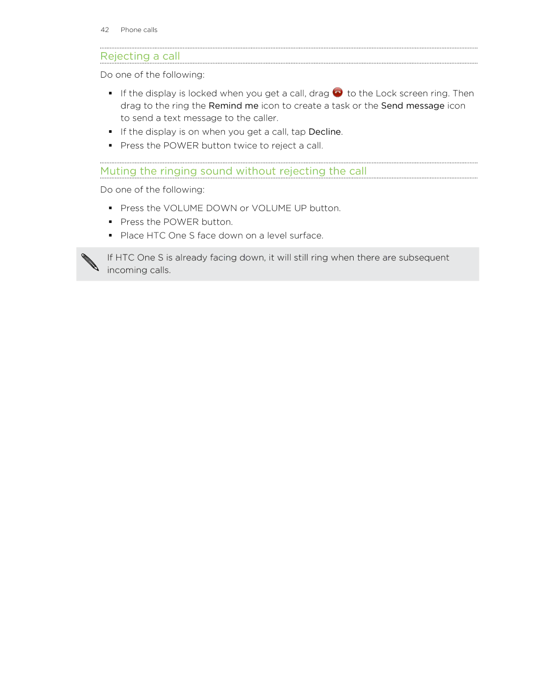 HTC ONESTMB manual Rejecting a call, Muting the ringing sound without rejecting the call 