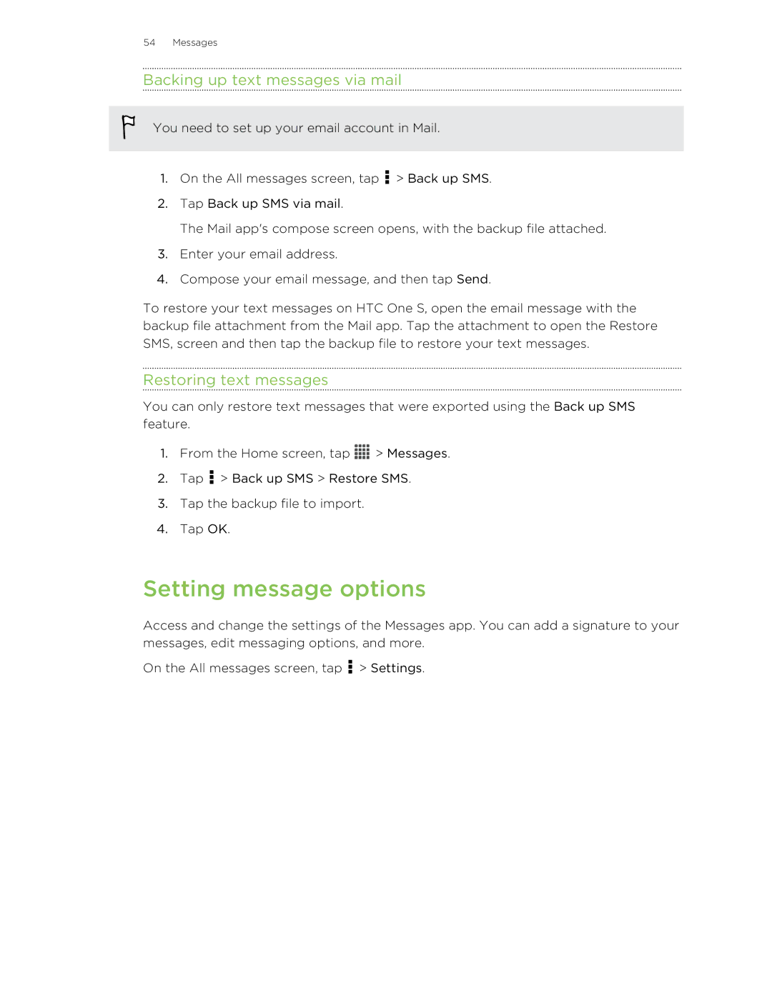 HTC ONESTMB manual Setting message options, Backing up text messages via mail, Restoring text messages 