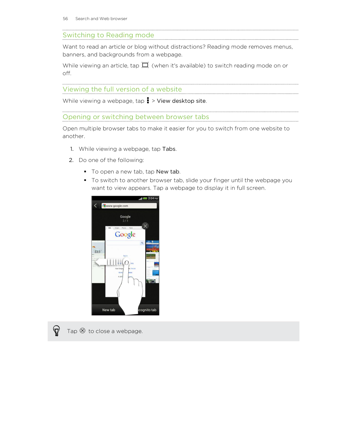 HTC ONESTMB Switching to Reading mode, Viewing the full version of a website, Opening or switching between browser tabs 