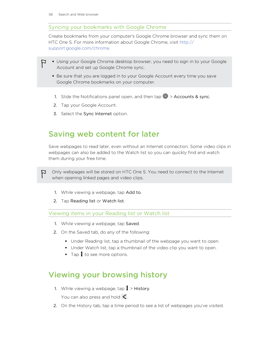 HTC ONESTMB manual Saving web content for later, Viewing your browsing history, Syncing your bookmarks with Google Chrome 