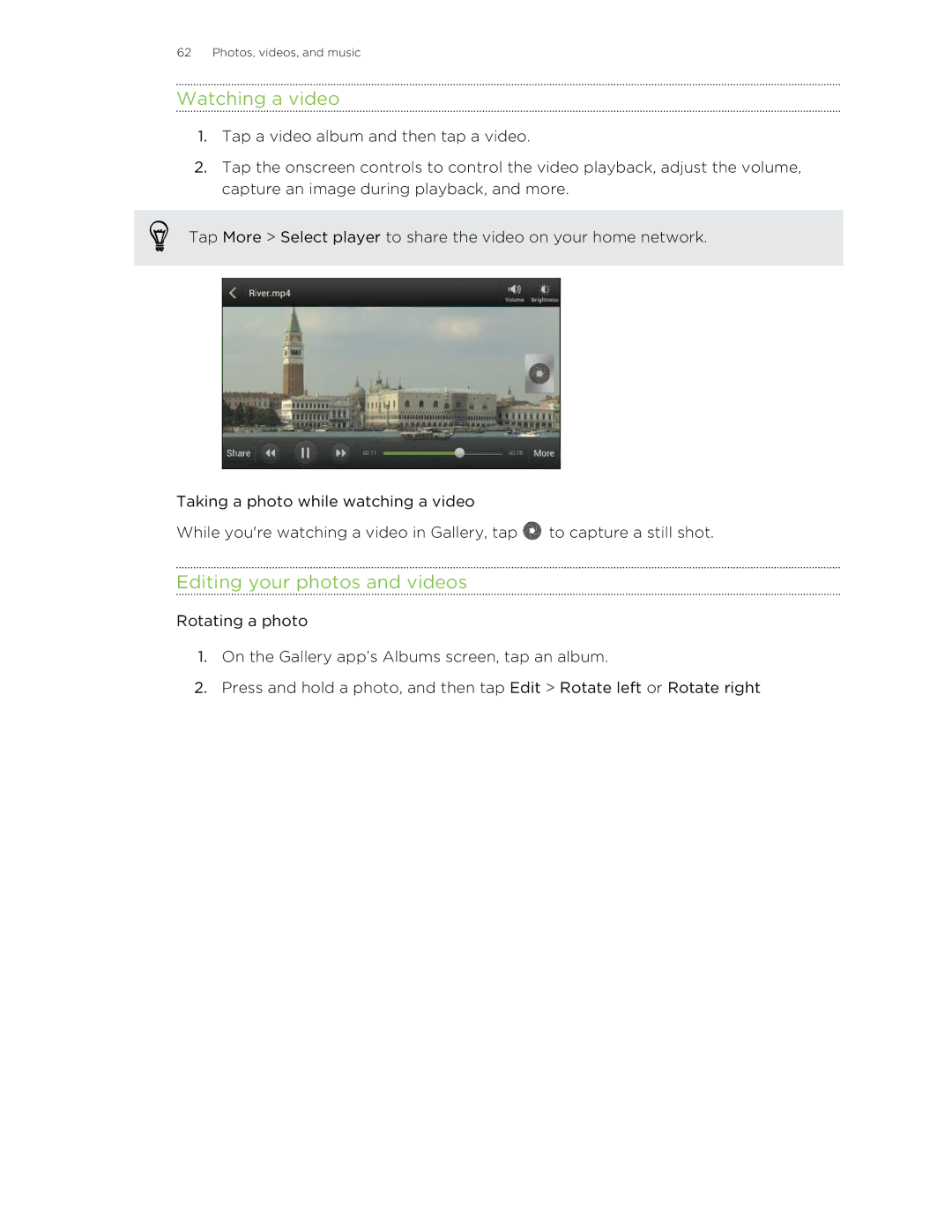 HTC ONESTMB manual Watching a video, Editing your photos and videos 