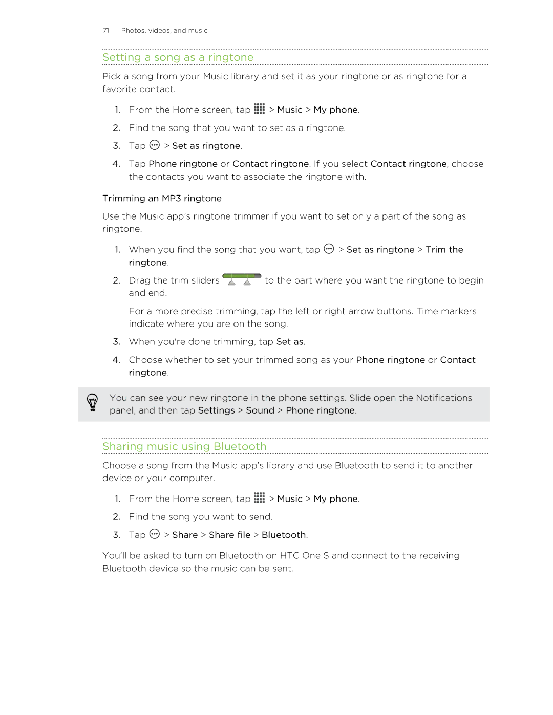 HTC ONESTMB manual Setting a song as a ringtone, Sharing music using Bluetooth 