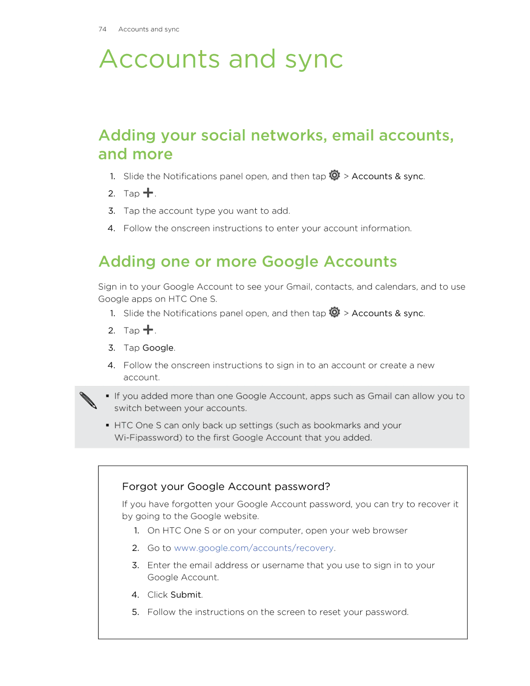 HTC ONESTMB Accounts and sync, Adding your social networks, email accounts, and more, Adding one or more Google Accounts 