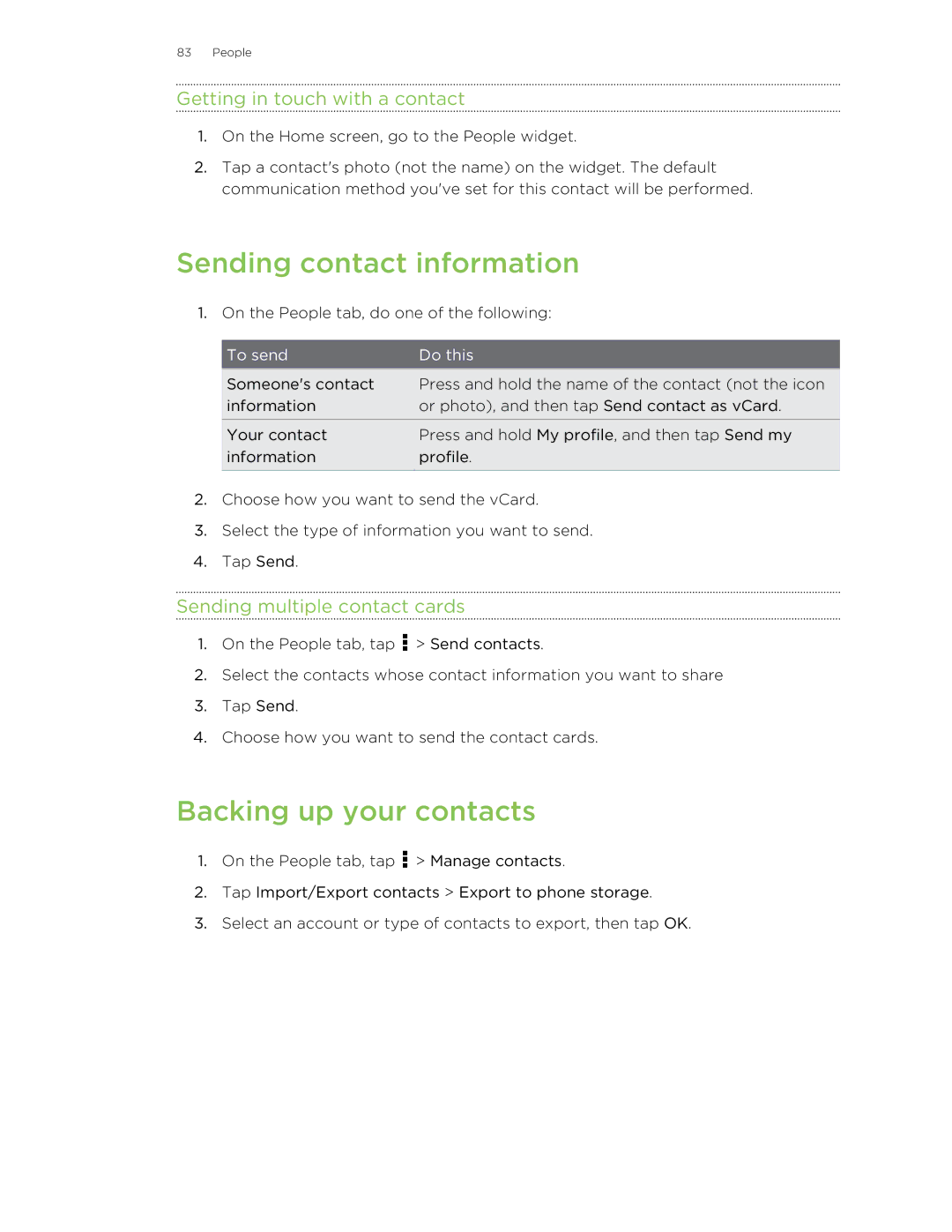 HTC ONESTMB manual Sending contact information, Backing up your contacts, Getting in touch with a contact 