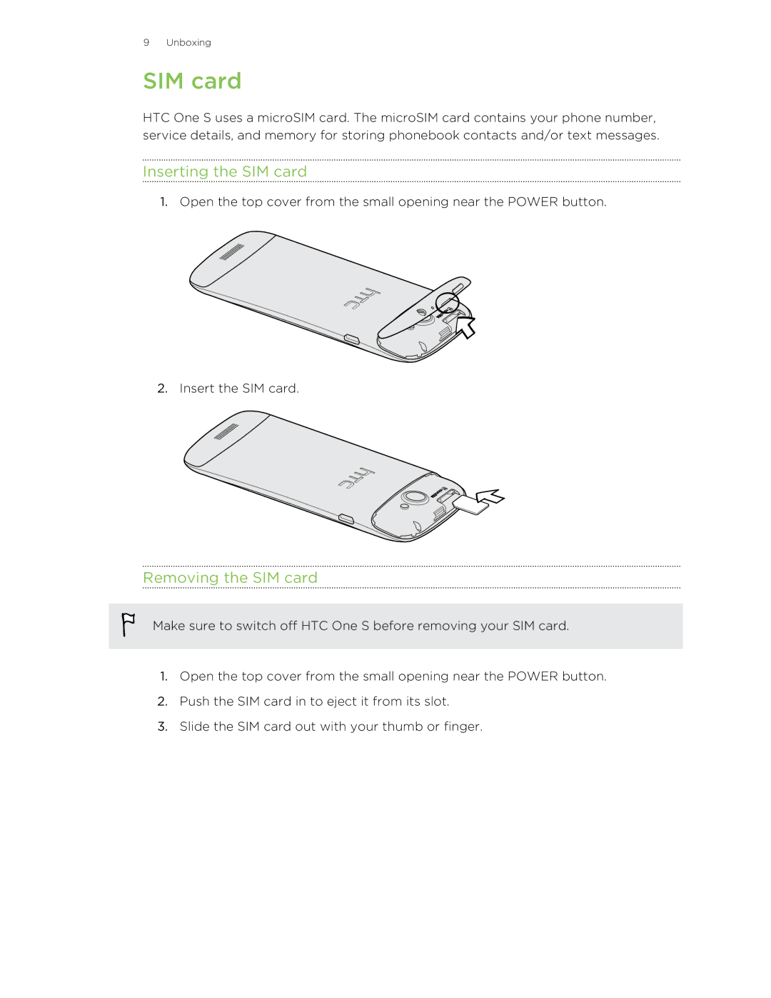 HTC ONESTMB manual Inserting the SIM card, Removing the SIM card 