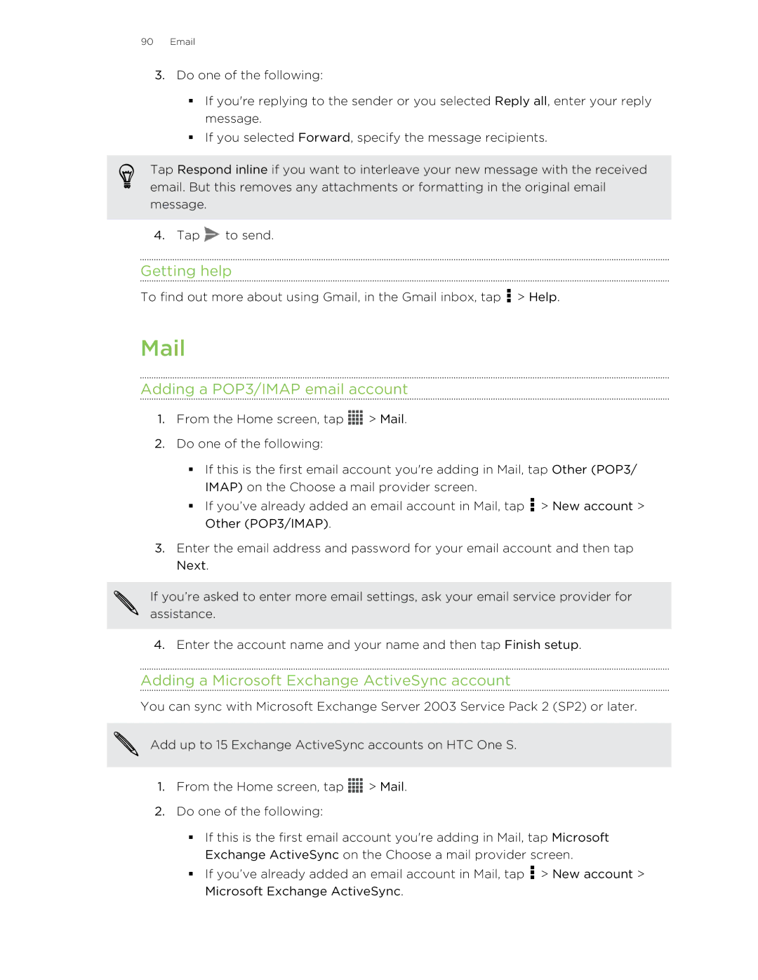 HTC ONESTMB manual Mail, Getting help, Adding a POP3/IMAP email account, Adding a Microsoft Exchange ActiveSync account 