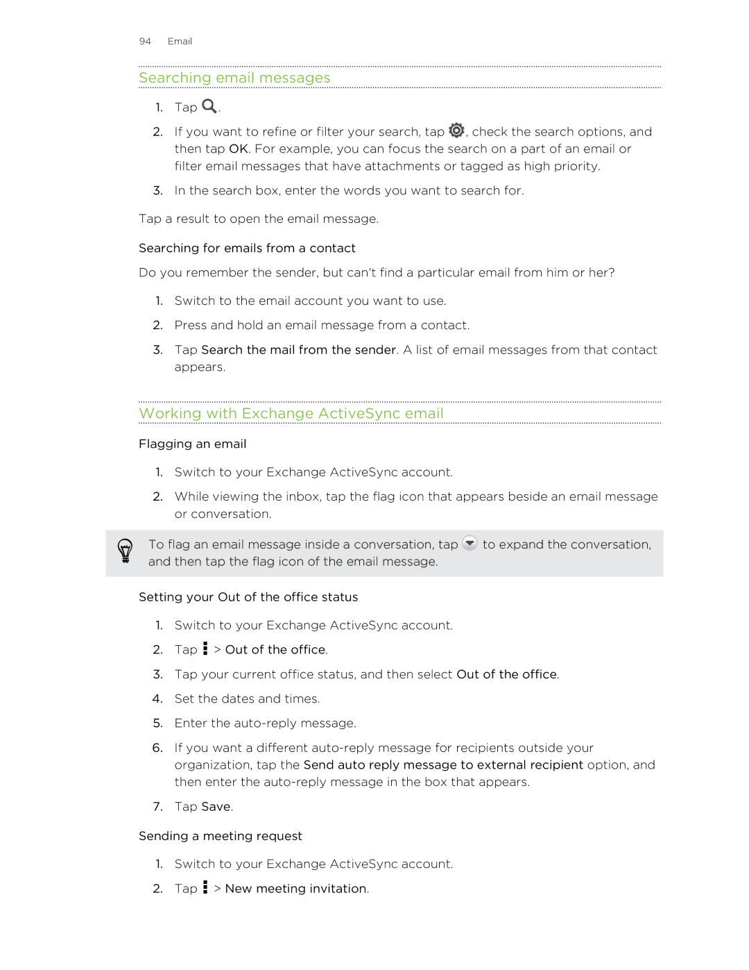 HTC ONESTMB manual Searching email messages, Working with Exchange ActiveSync email 