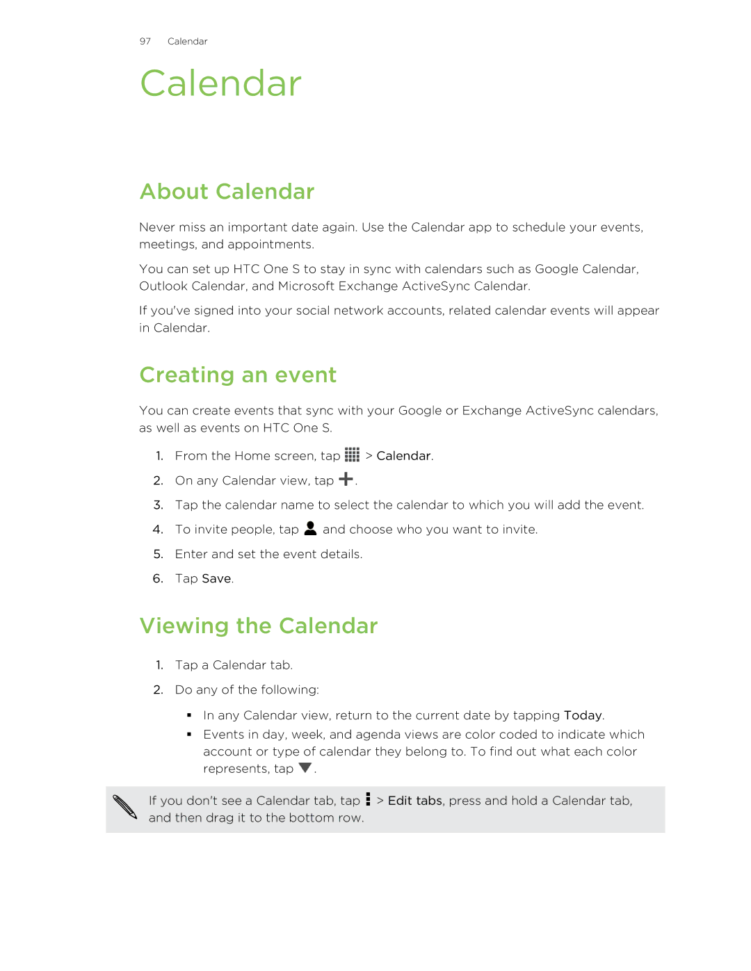 HTC ONESTMB manual About Calendar, Creating an event, Viewing the Calendar 