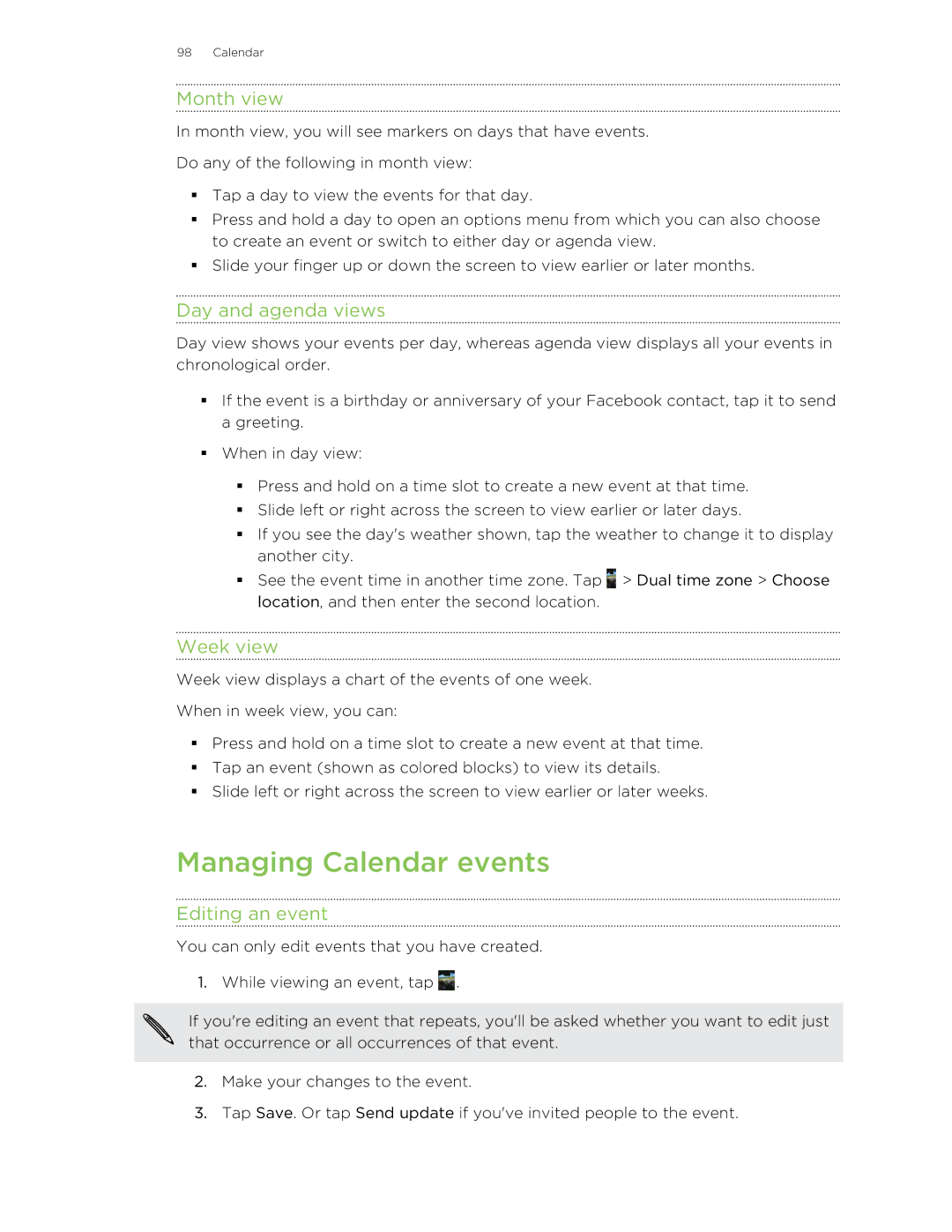 HTC ONESTMB manual Managing Calendar events, Month view, Day and agenda views, Week view, Editing an event 