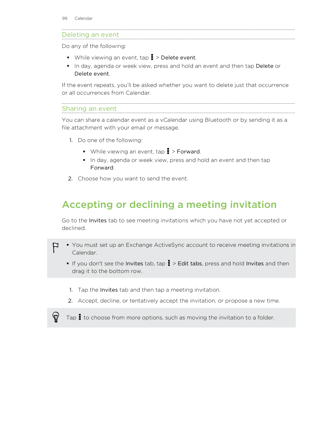 HTC ONESTMB manual Accepting or declining a meeting invitation, Deleting an event, Sharing an event 