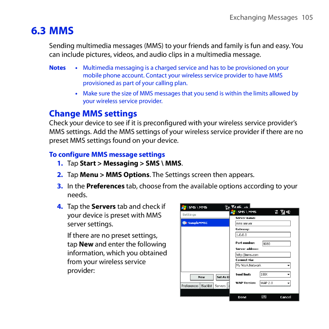 HTC OPAL100 user manual Change MMS settings, To configure MMS message settings, Tap Start Messaging SMS \ MMS 