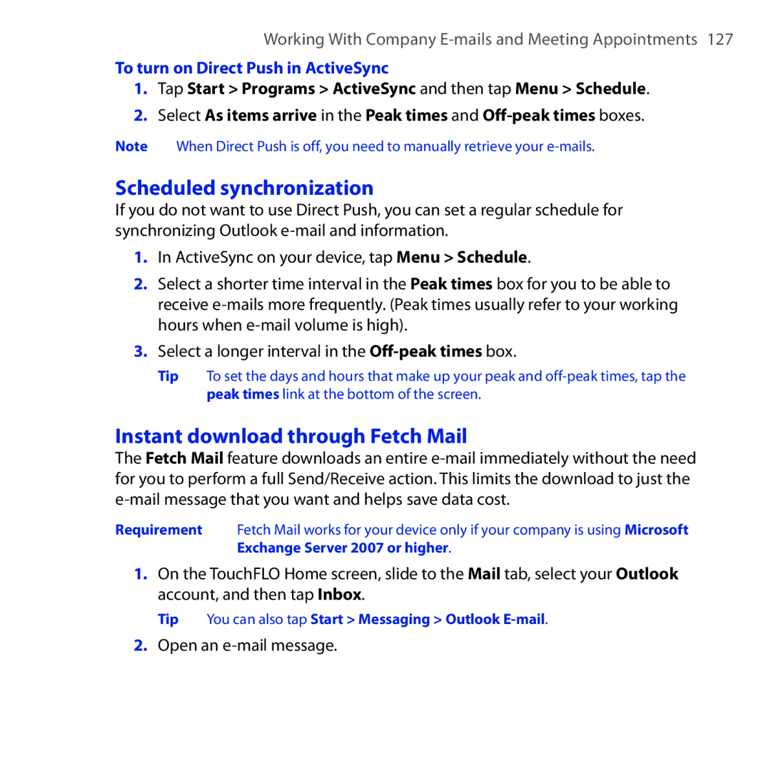 HTC OPAL100 Scheduled synchronization, Instant download through Fetch Mail, To turn on Direct Push in ActiveSync 