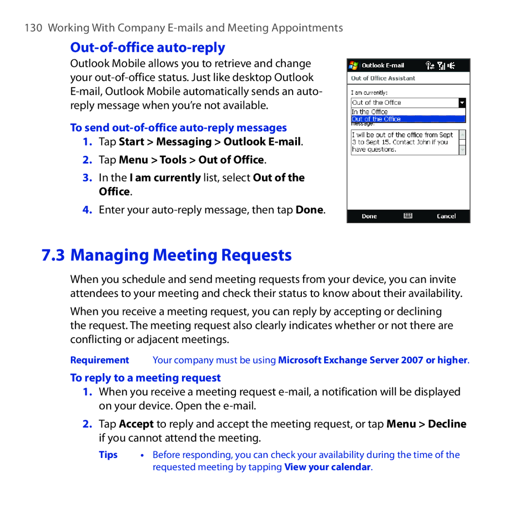 HTC OPAL100 user manual Out-of-office auto-reply, To send out-of-office auto-reply messages, To reply to a meeting request 