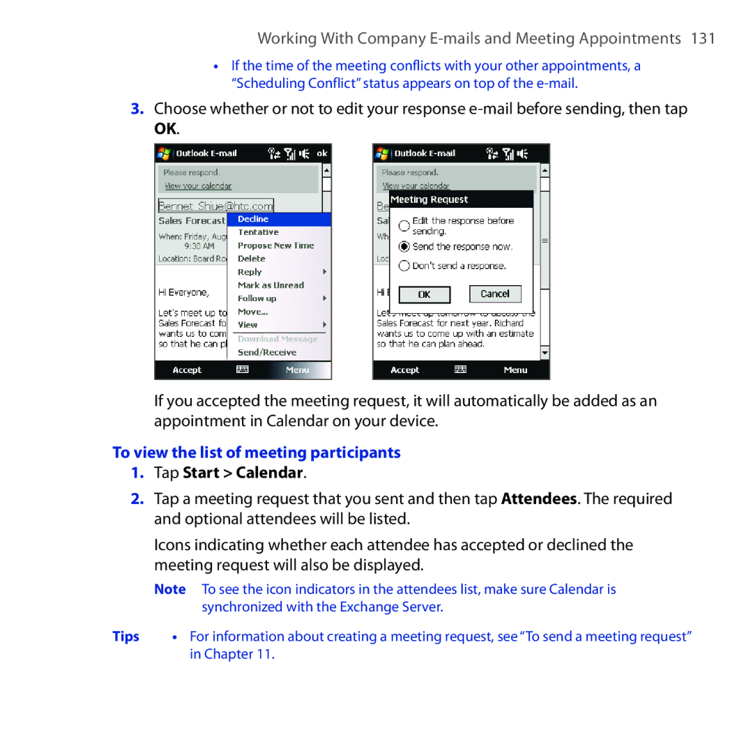 HTC OPAL100 user manual To view the list of meeting participants, Tap Start Calendar 