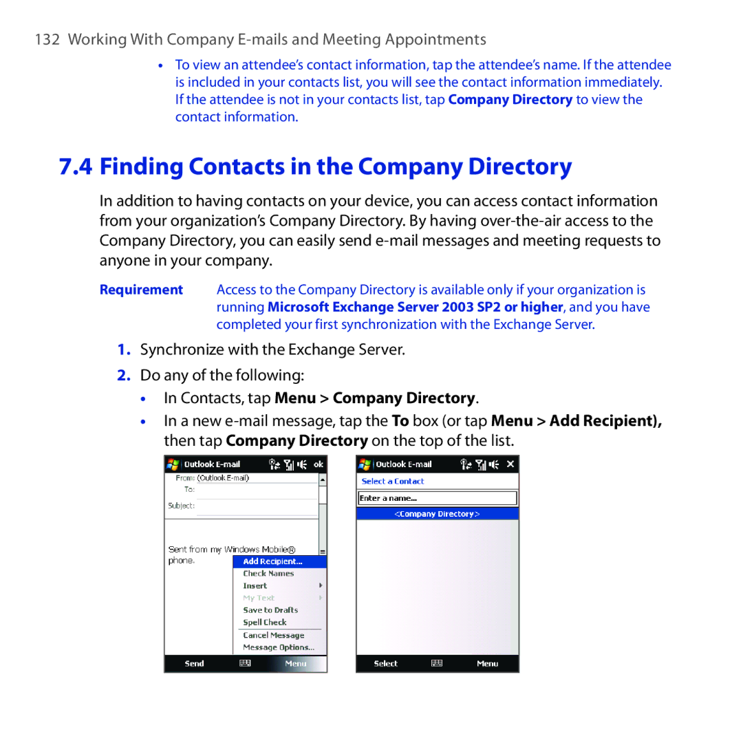 HTC OPAL100 user manual Synchronize with the Exchange Server Do any of the following, Contacts, tap Menu Company Directory 