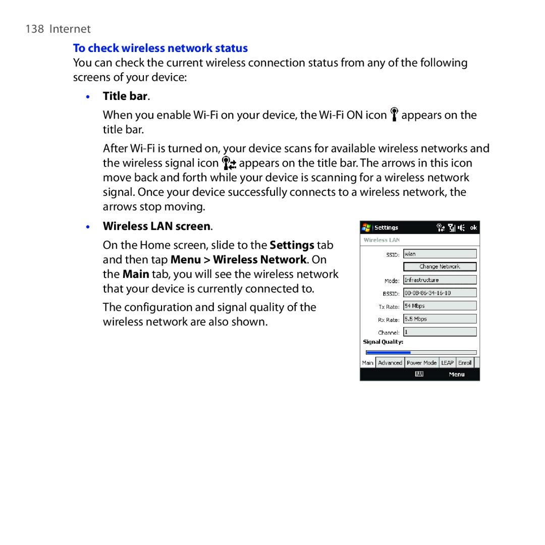 HTC OPAL100 user manual To check wireless network status, Title bar, Wireless LAN screen 