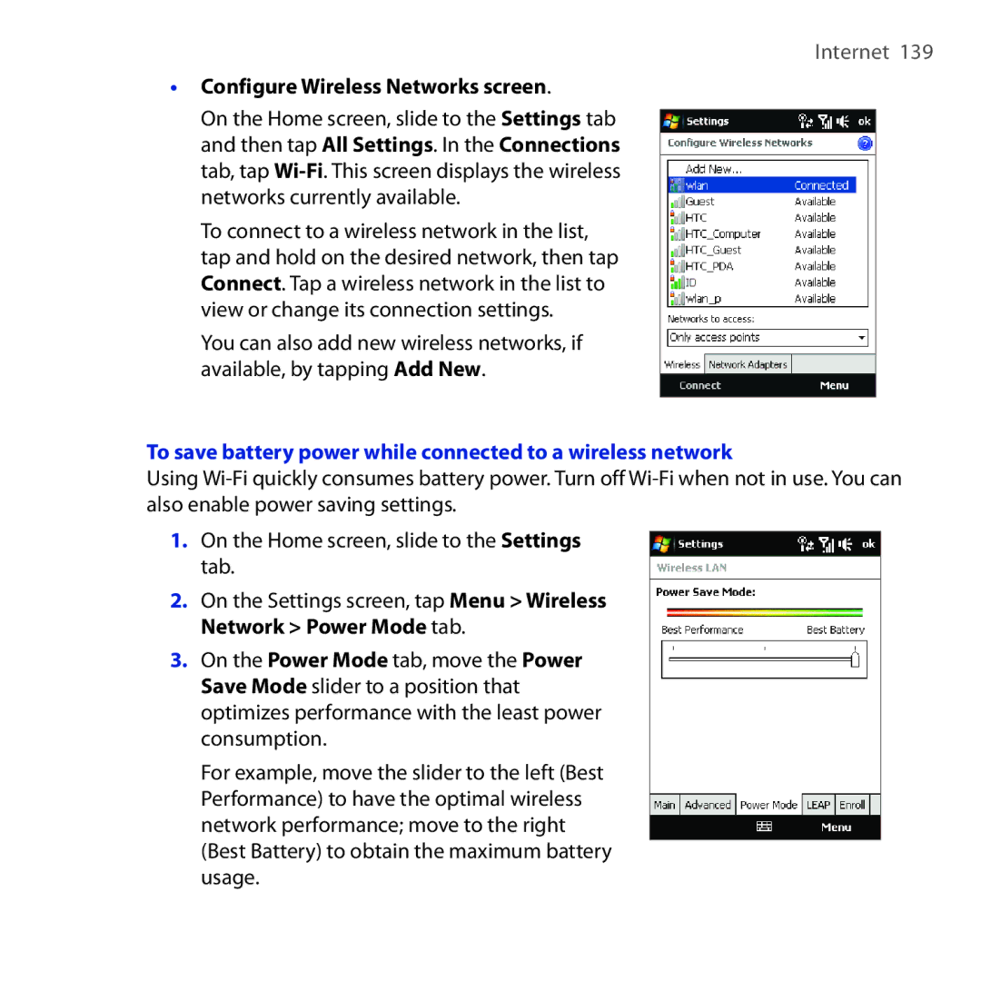 HTC OPAL100 user manual Configure Wireless Networks screen, To save battery power while connected to a wireless network 