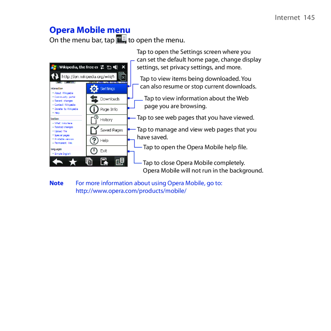 HTC OPAL100 user manual Opera Mobile menu, On the menu bar, tap to open the menu 