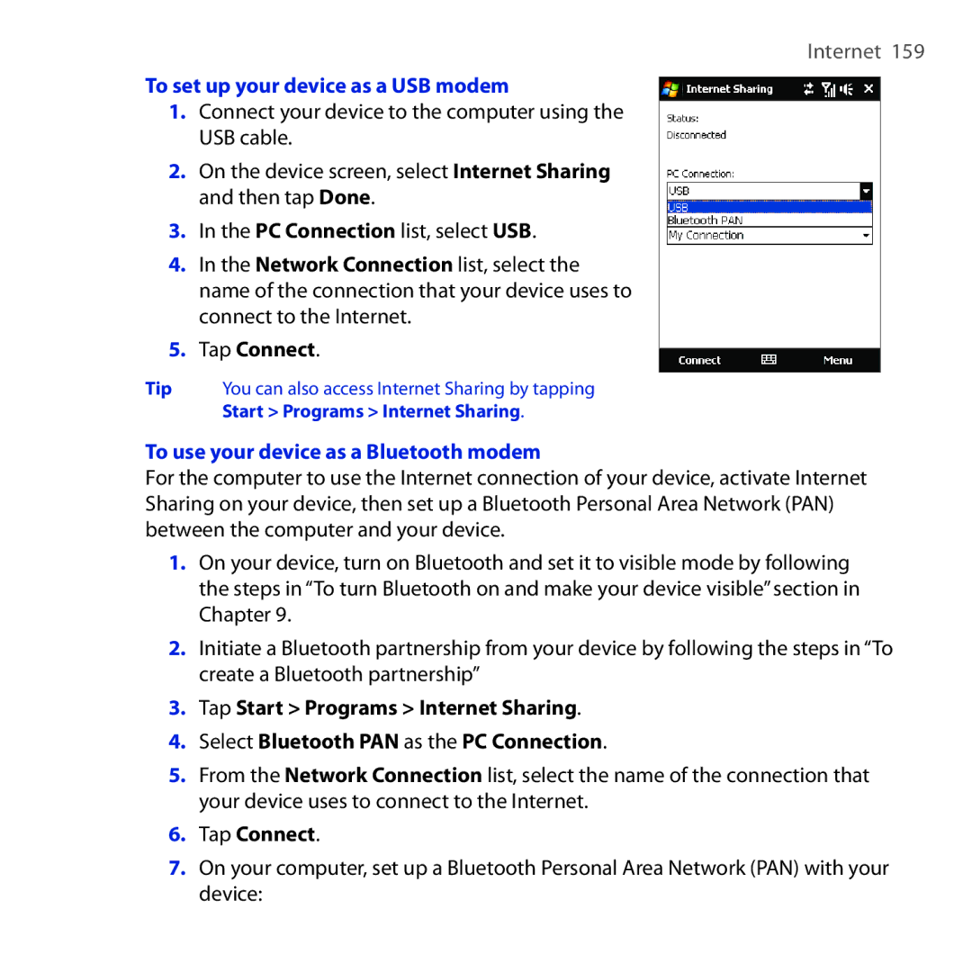 HTC OPAL100 user manual To set up your device as a USB modem, To use your device as a Bluetooth modem 