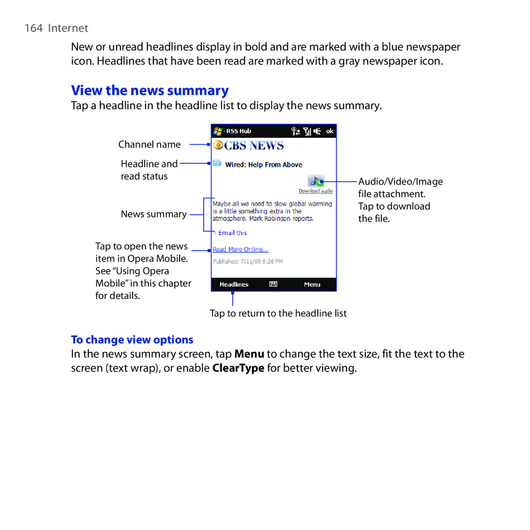 HTC OPAL100 user manual View the news summary, To change view options 