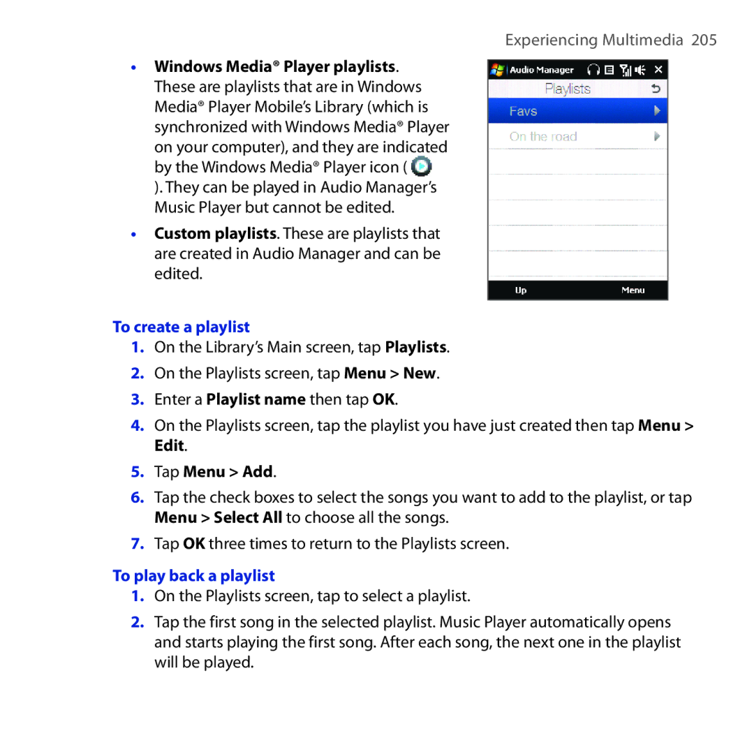 HTC OPAL100 user manual To create a playlist, Tap Menu Add, To play back a playlist 
