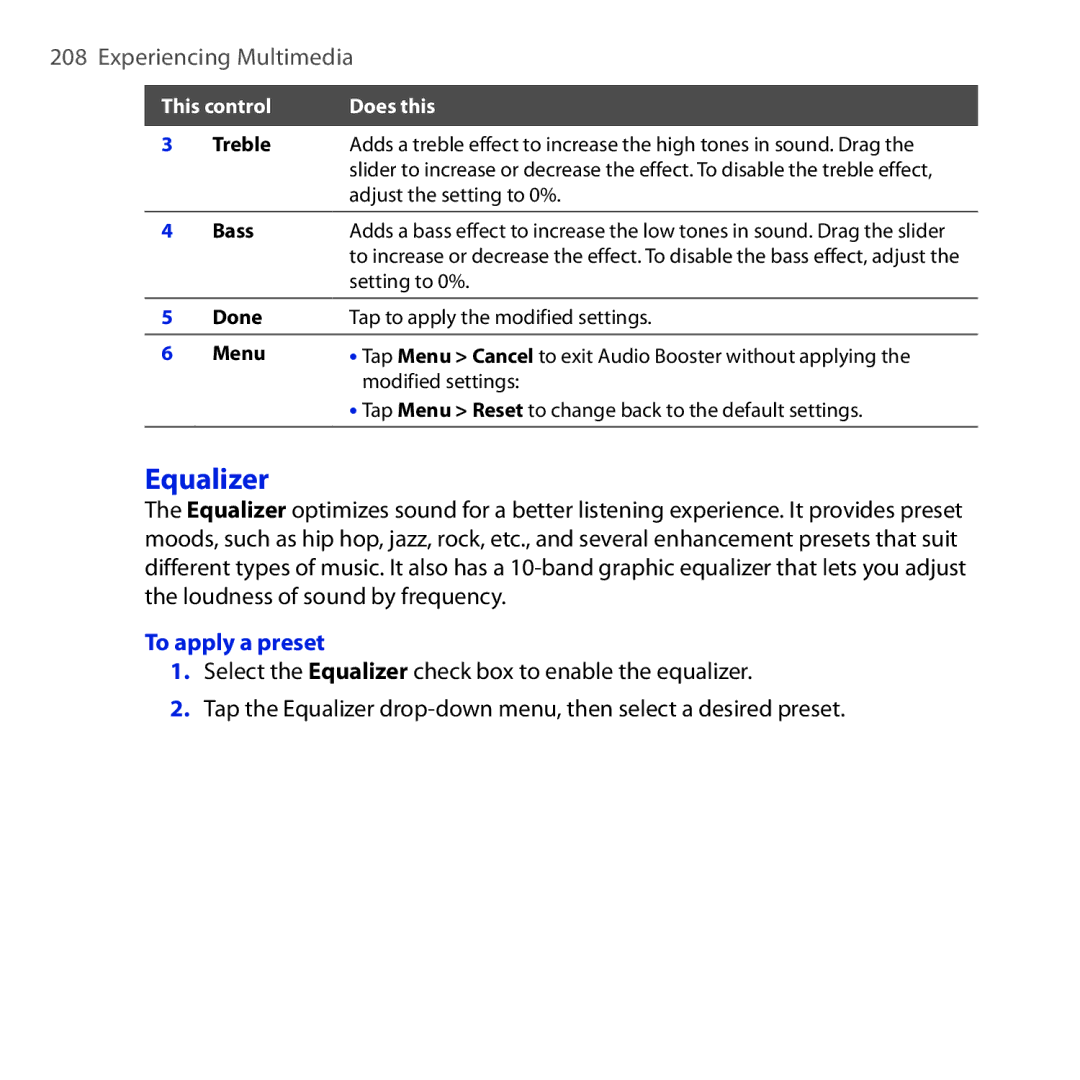 HTC OPAL100 user manual Equalizer, To apply a preset 