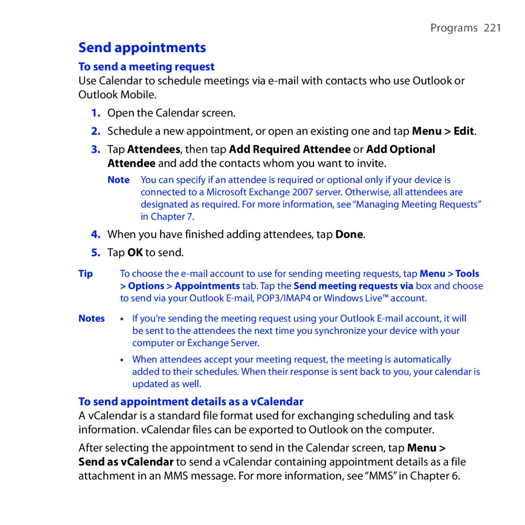 HTC OPAL100 user manual Send appointments, To send a meeting request, To send appointment details as a vCalendar 