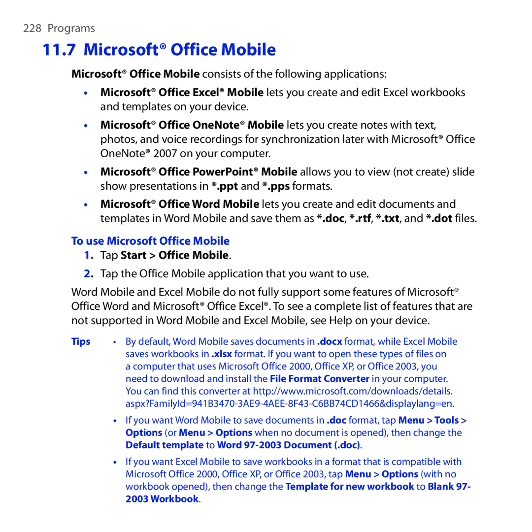 HTC OPAL100 user manual To use Microsoft Office Mobile, Tap Start Office Mobile 