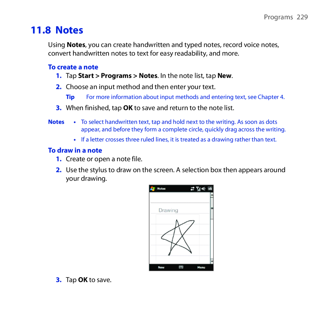 HTC OPAL100 user manual To create a note, When finished, tap OK to save and return to the note list, To draw in a note 