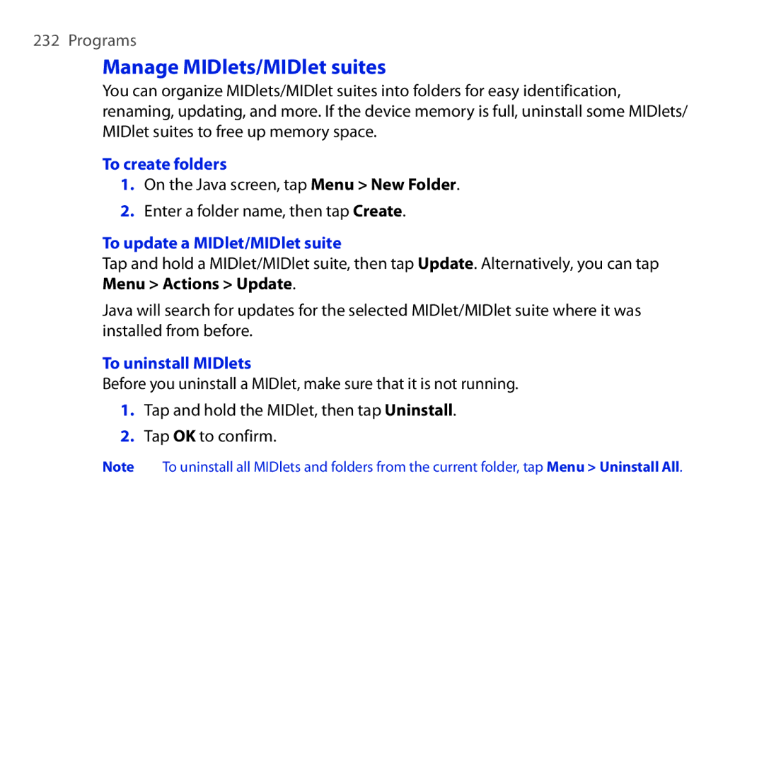 HTC OPAL100 Manage MIDlets/MIDlet suites, To create folders, To update a MIDlet/MIDlet suite, To uninstall MIDlets 