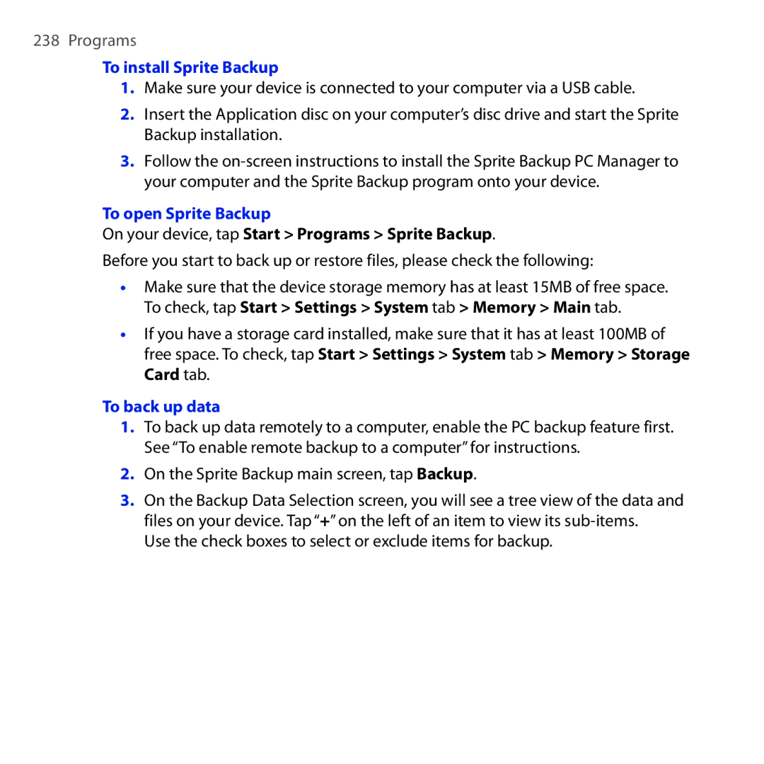 HTC OPAL100 user manual To install Sprite Backup, To open Sprite Backup, On your device, tap Start Programs Sprite Backup 