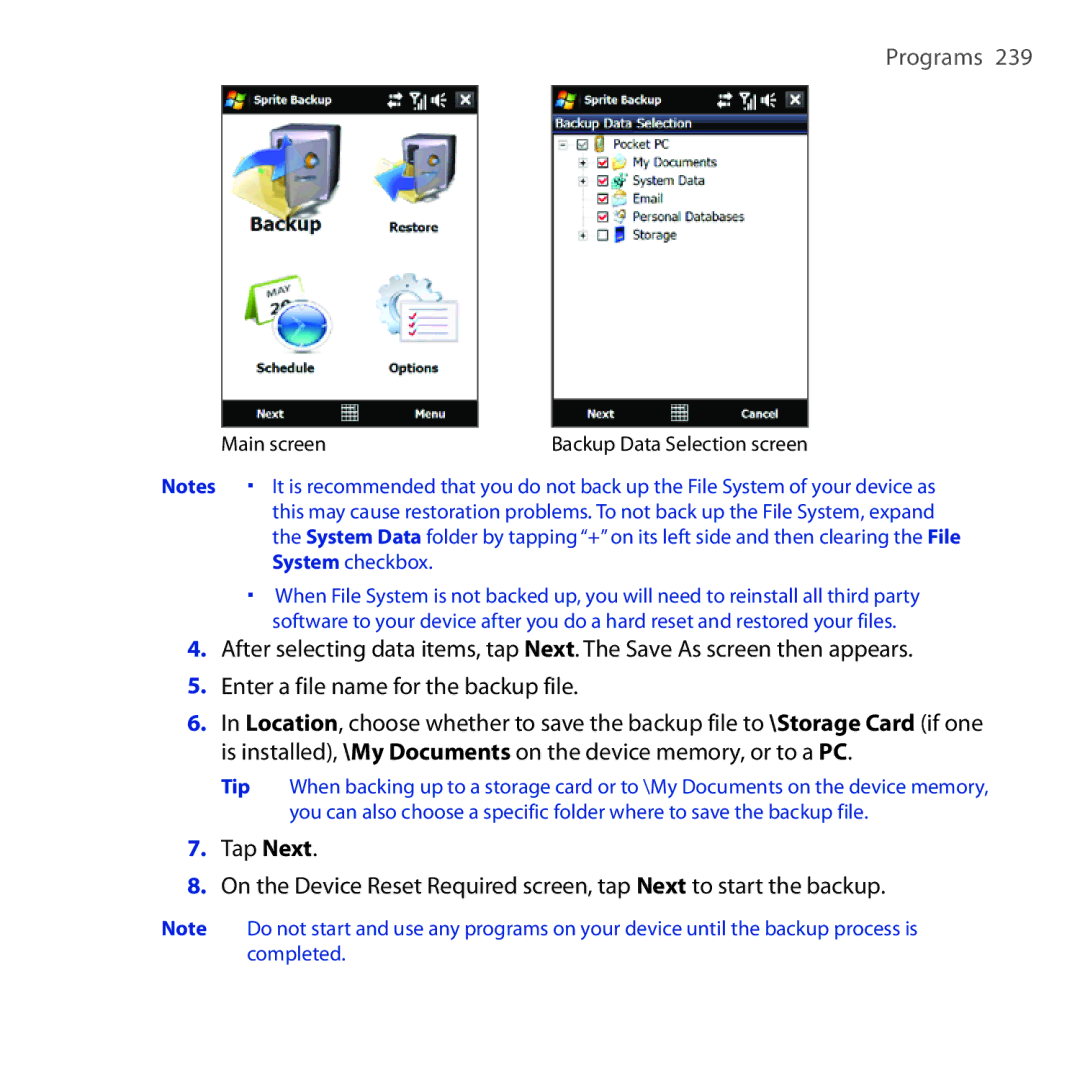 HTC OPAL100 user manual Main screenBackup Data Selection screen 