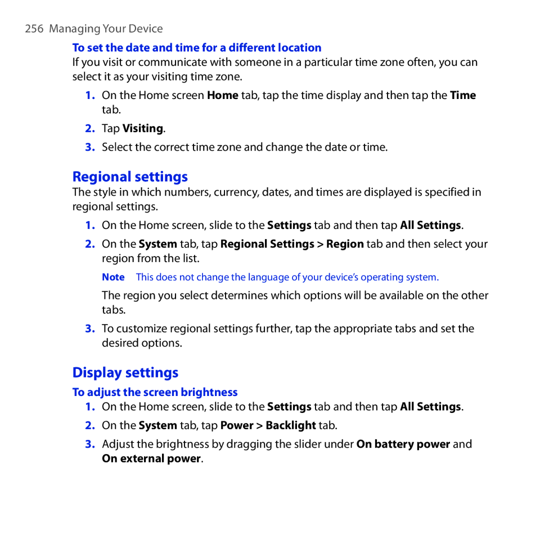 HTC OPAL100 user manual Regional settings, Display settings, To set the date and time for a different location 