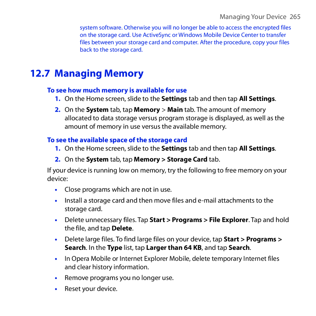 HTC OPAL100 user manual To see how much memory is available for use, To see the available space of the storage card 