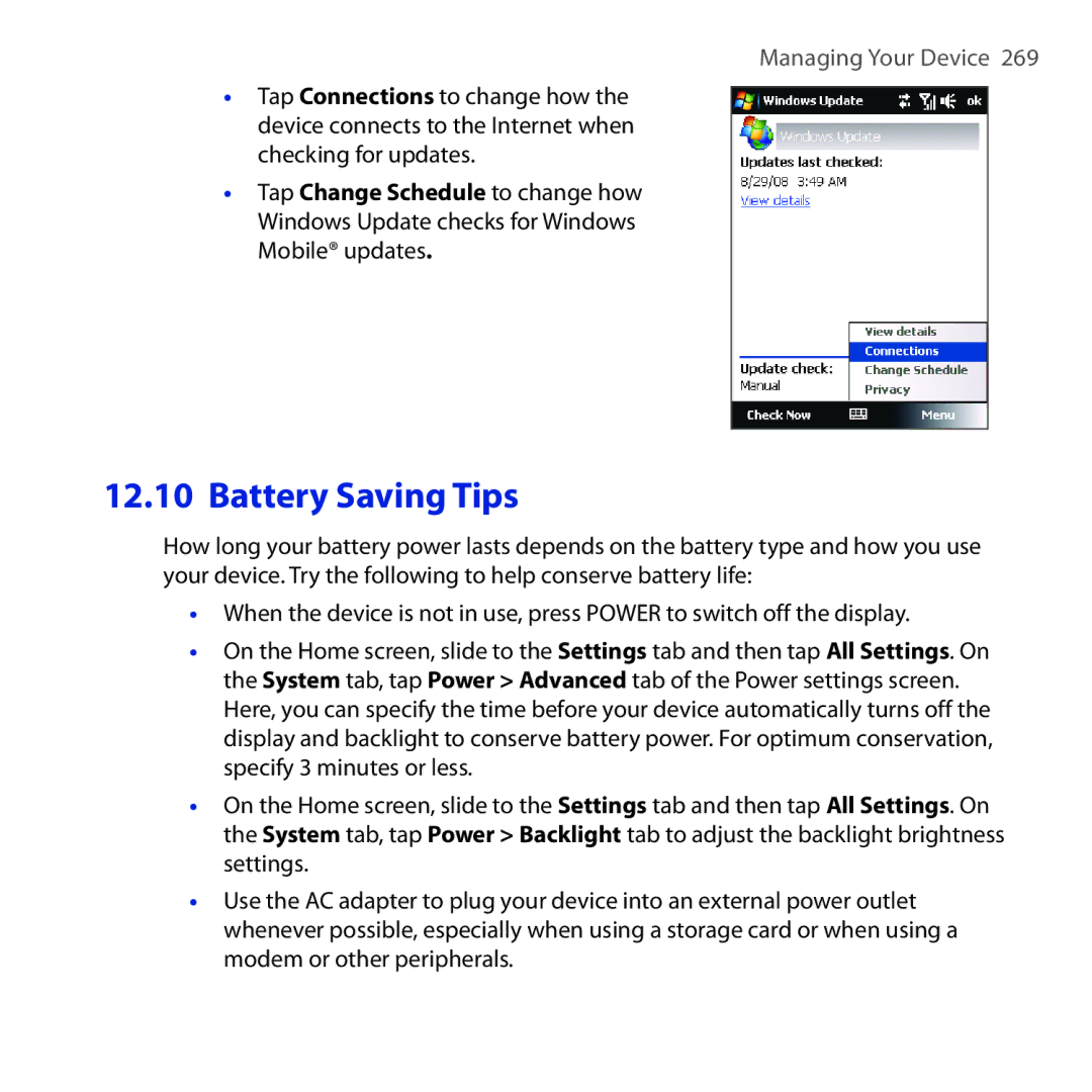 HTC OPAL100 user manual Battery Saving Tips 