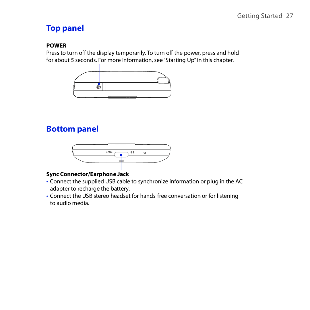 HTC OPAL100 user manual Top panel, Bottom panel 