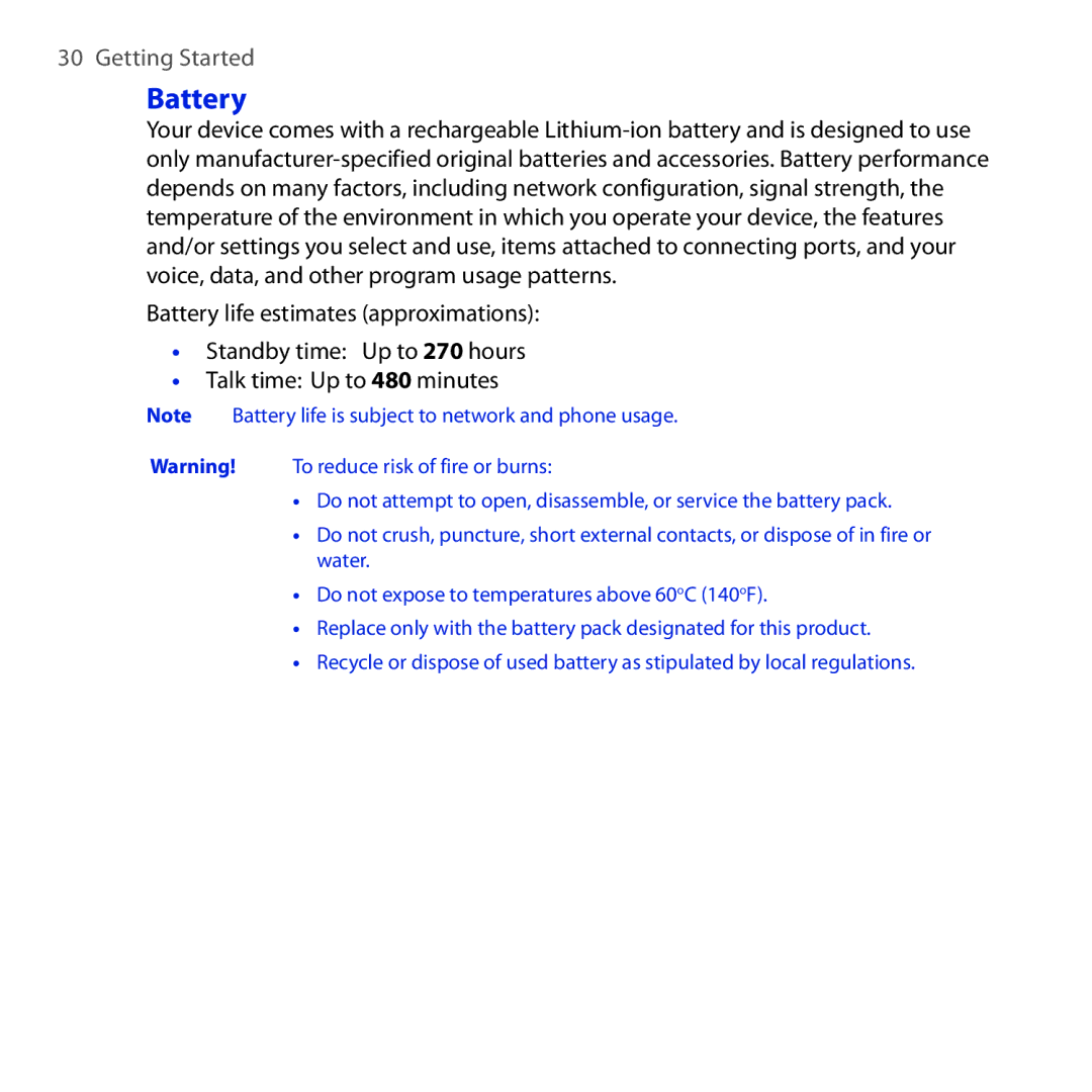 HTC OPAL100 user manual Battery 