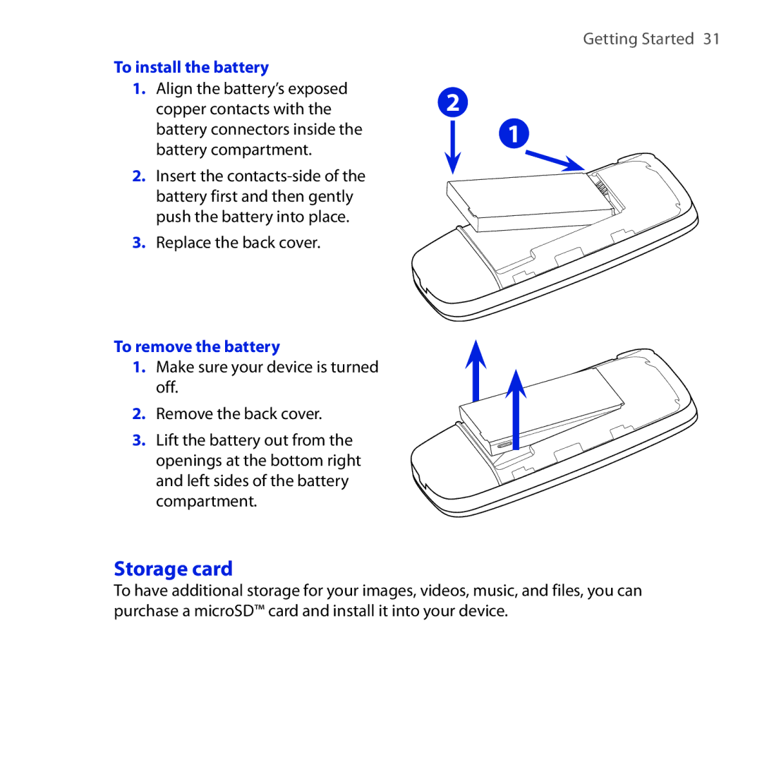 HTC OPAL100 user manual Storage card, To install the battery, Replace the back cover, To remove the battery 