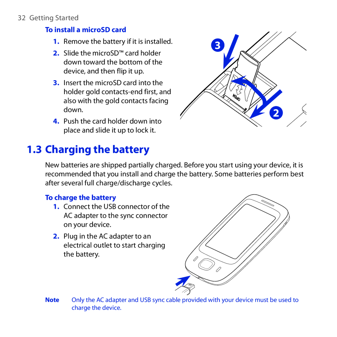 HTC OPAL100 user manual To install a microSD card, To charge the battery 