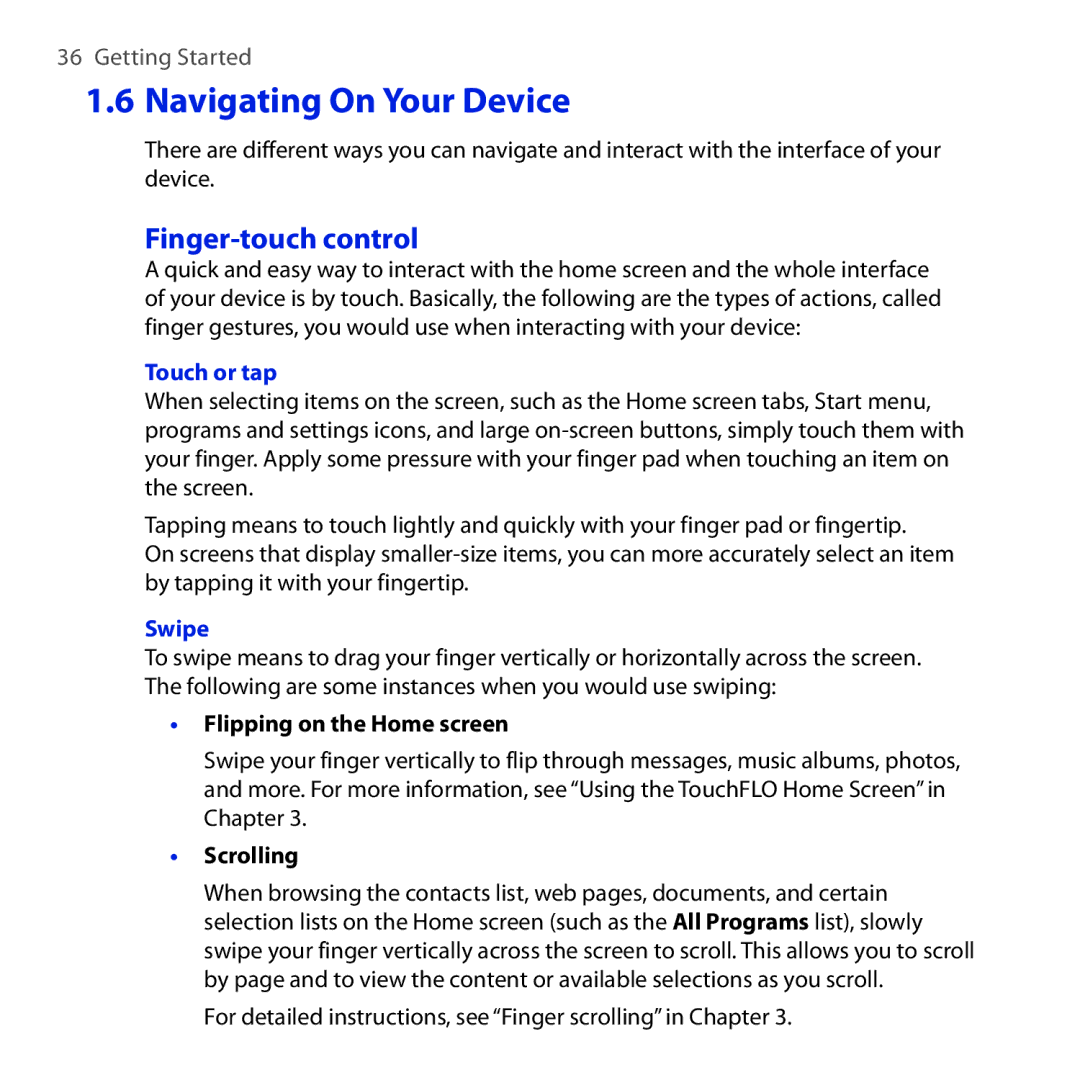 HTC OPAL100 user manual Finger-touch control, Touch or tap, Swipe, Flipping on the Home screen, Scrolling 