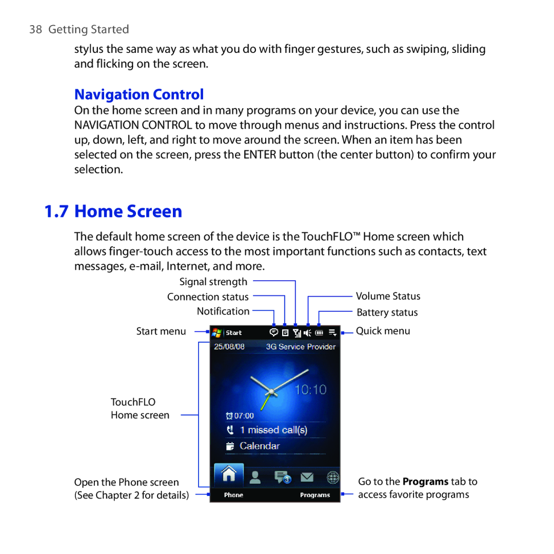 HTC OPAL100 user manual Home Screen, Navigation Control 