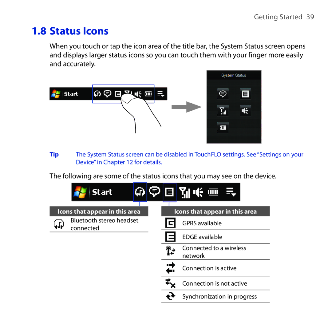 HTC OPAL100 user manual Icons that appear in this area 