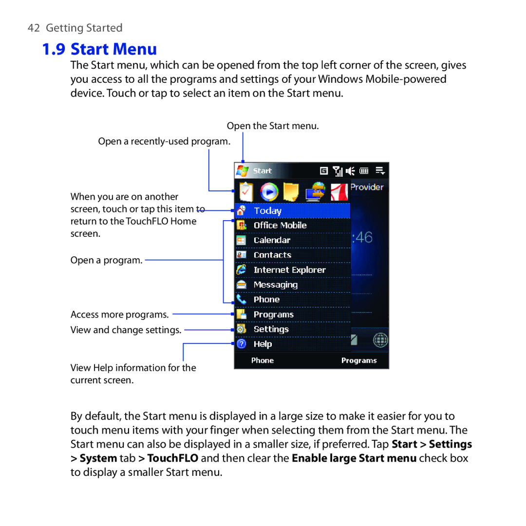 HTC OPAL100 user manual Start Menu 