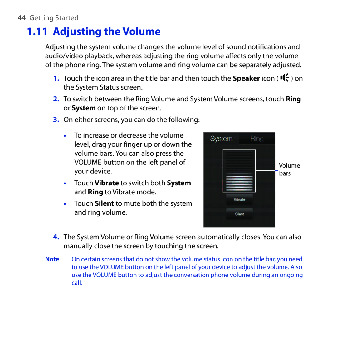 HTC OPAL100 user manual Adjusting the Volume, Touch Silent to mute both the system and ring volume 