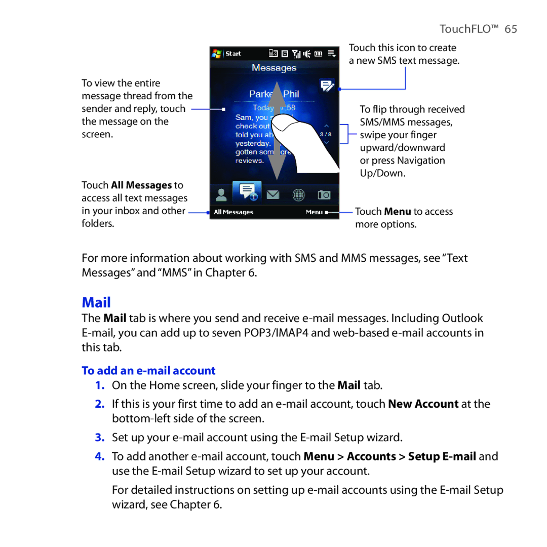 HTC OPAL100 user manual Mail, To add an e-mail account 