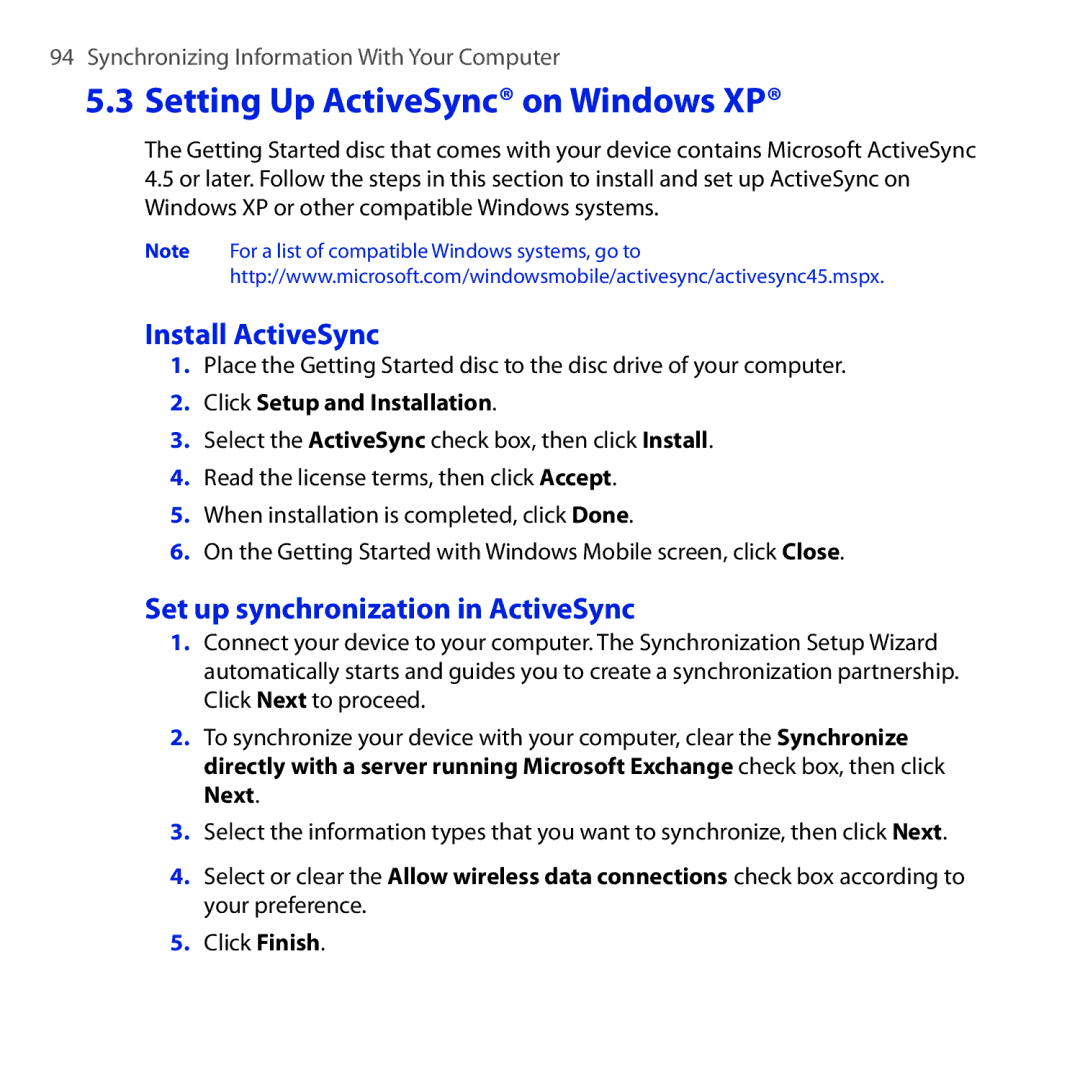 HTC OPAL100 Setting Up ActiveSync on Windows XP, Install ActiveSync, Set up synchronization in ActiveSync, Click Finish 